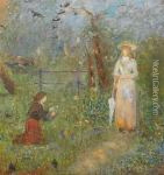 Figures In A Garden Oil Painting - Ernest Quost