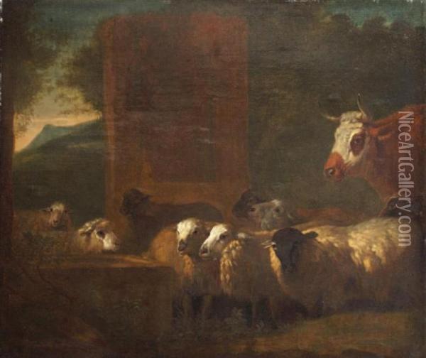 Un Troupeau De Moutons Et Une Vache Pres De L'abreuvoir Oil Painting - Jacob Van Der Does I