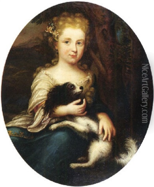 Portrait Of A Girl Wearing A Gold Embroidered Blue Dress With White Silk Wrap, Holdering Her Pet Dog Oil Painting - Arnold Boonen