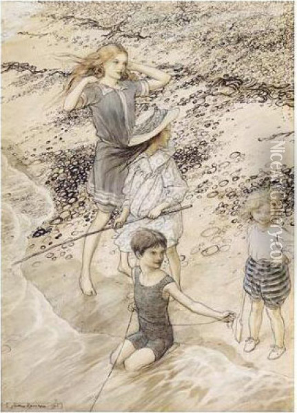 Children By The Sea (on The Beach) Oil Painting - Arthur Rackham
