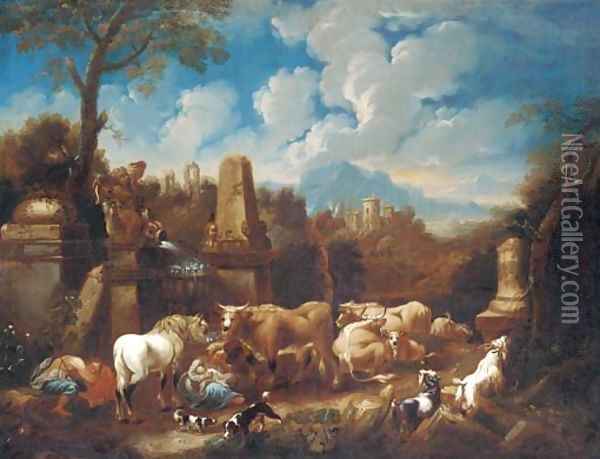 An Italianate landscape with a peasant family resting with cattle and sheep amongst ruins Oil Painting - Johann Heinrich Roos