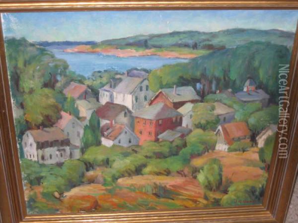 Sunny Coastal Village Oil Painting - Jessie E. Baker