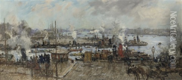 La Meuse Devant Rotterdam: A Busy Day At The Leuvehaven, Rotterdam Oil Painting - Johan Hendrik van Mastenbroek