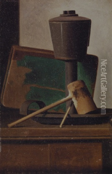 Still Life With Pipe, Oil Lamp And Book Oil Painting - John Frederick Peto