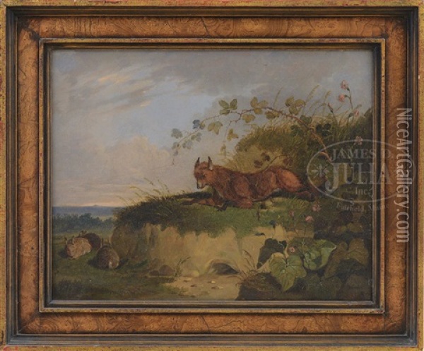 Fox And Rabbits In A Landscape Oil Painting - William Tasker