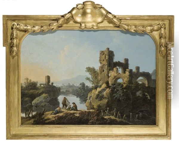 Pecheurs Au Bord D'un Lac Surplombe Par Un Chateau En Ruines Oil Painting - Jean Baptiste Pillement