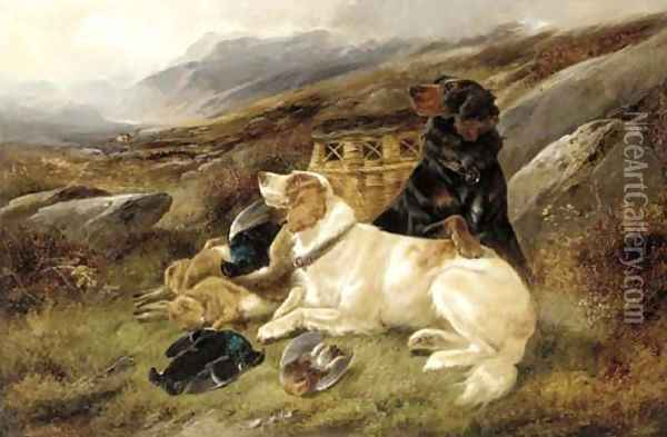 An English and a Gordon Setter with the day's bag on a moor Oil Painting - John Gifford