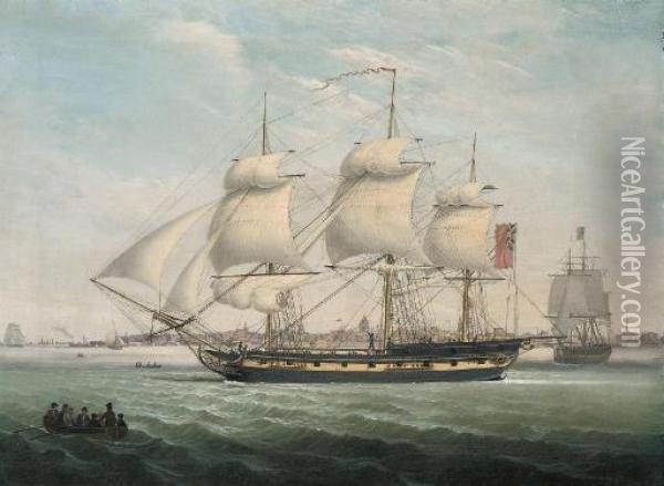 Merchantmen In The Mersey, With The Port Of Liverpool Beyond Oil Painting - John Jenkinson