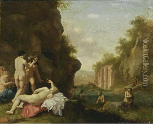 Nymphs Bathing In A Classical Landscape Near A Grotto Oil Painting - Cornelis Van Poelenburch