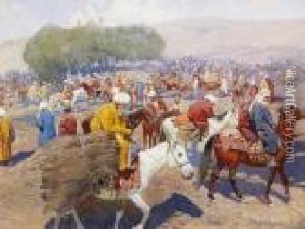 Market Scene In Caucasus Oil Painting - Franz Roubaud