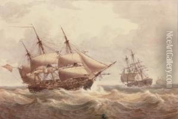 A Naval Squadron Reefed Down For
 The Impending Storm (illustrated); And A Brig Arriving At Her Anchorage Oil Painting - William Joy