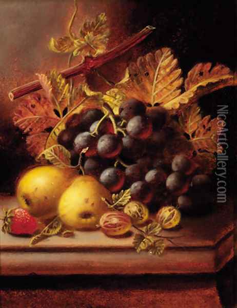Grapes, apples, gooseberries, and a strawberry on a ledge Oil Painting - Oliver Clare