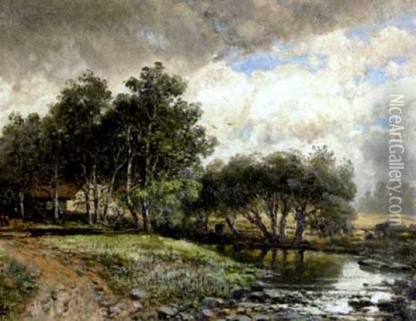 Baumgesaumter Bachlauf Mit Bauernhaus Unter Bewolktem Himmel Oil Painting - Pieter Francis Peters