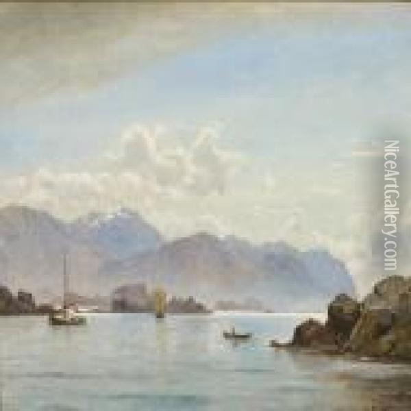 Ships At Calm Waterswith Mountains In The Background Oil Painting - Carl Frederick Sorensen