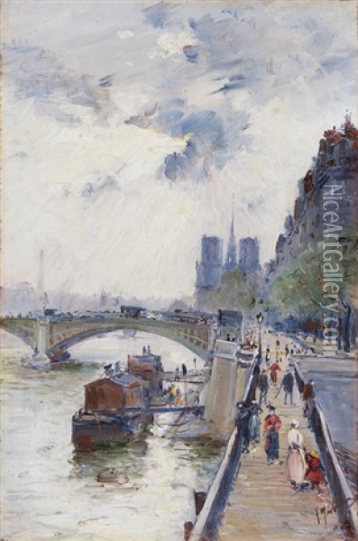 Seineufer Mit Angelegten Booten Mit Notre Dame Im Hintergrund Oil Painting - Gustave Madelain