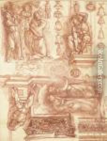 Studies After Michelangelo And 
Other Artists, With Sketches Ofcapitals, Friezes And Vases Oil Painting - Robert Ango
