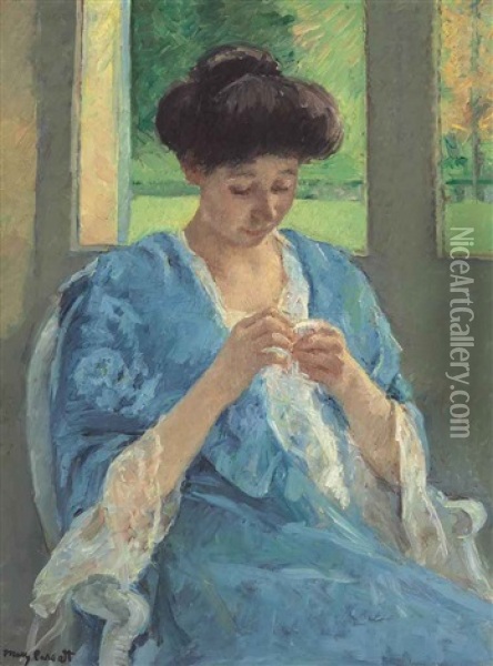 Augusta Sewing Before A Window Oil Painting - Mary Cassatt