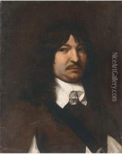 Portrait Of A Gentleman, Bust-length, In A Brown Coat With A White Collar Oil Painting - Jurgen Ovens