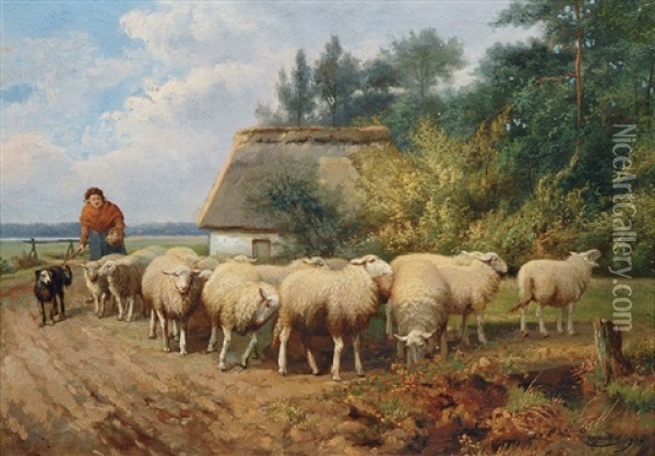 Bauerin Mit Schafherde Oil Painting - Johan Lodewijk Van Leemputten