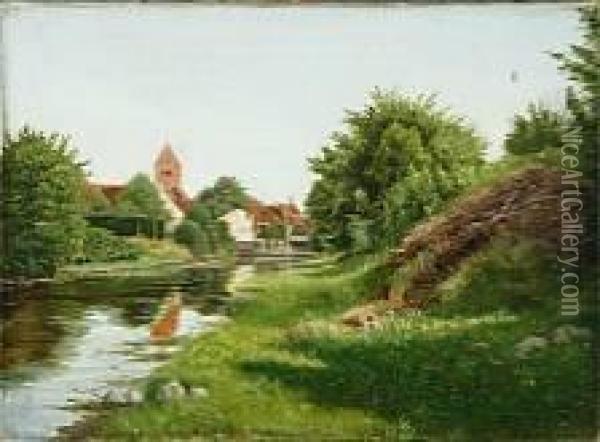 A Town Scenery From Naestved By Susaaen Stream, Denmark Oil Painting - Julius Aagaard