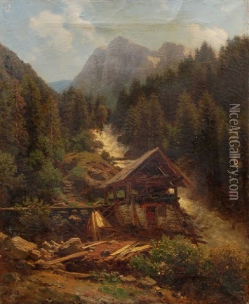Sagemuhle An Einem Alpenlandischen Sturzbach Oil Painting - Eduard Friedrich Pape