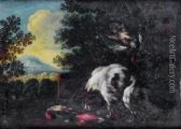 A Spaniel With Dead Birds In A Landscape Oil Painting - Adriaen de Gryef