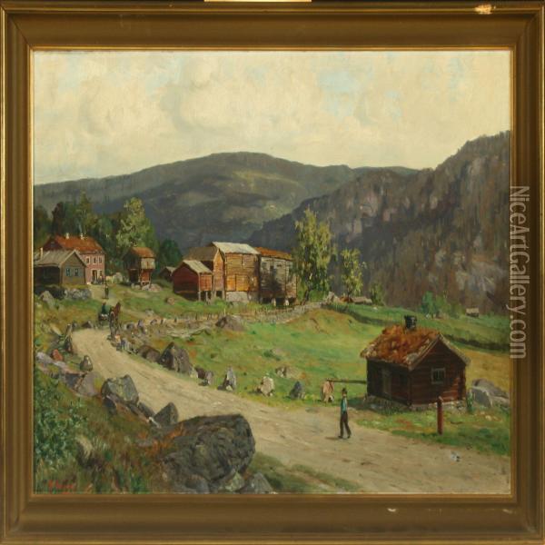 Landscape With Houses, Norway Oil Painting - Fredrik Borgen