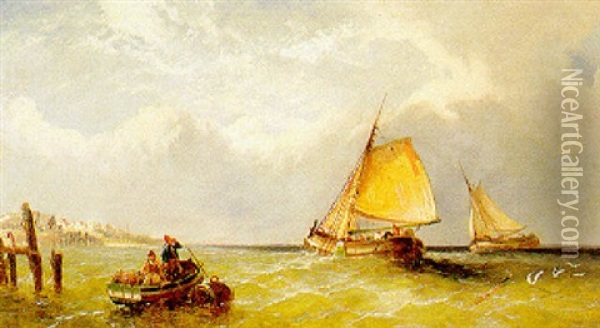 Fishermen With Their Pots Offshore Oil Painting - James E. Meadows