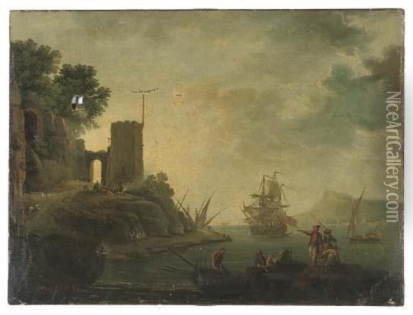 A Coastal Inlet With A Man-o' War And Fisherman, A Tower On The Bank Oil Painting - Claude-joseph Vernet