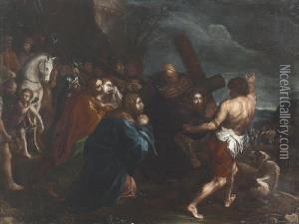 Schule Des
Jesus Sein Kreuz Tragend. Oil Painting - Lorenzo Lotto