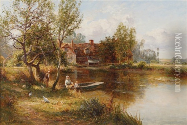 Riverscape With Figures In A Boat And Dwelling In The Background Oil Painting - Ernest Walbourn