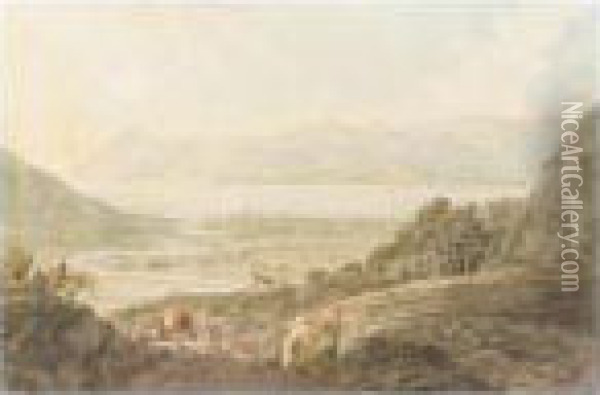View On The Dee Near Pentir And 
Llantysilio; The Windings Of The Dee And Bala Lake, Merionethshire Oil Painting - Moses Griffiths