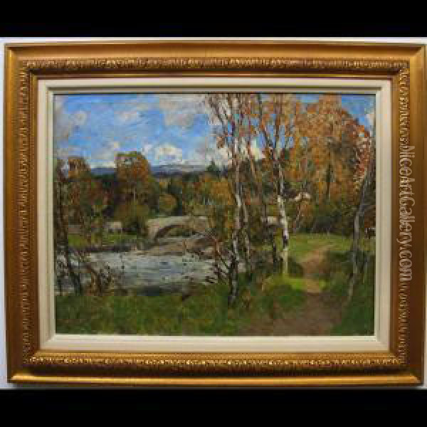 An Autumn River With Bridge Oil Painting - Harry Spence