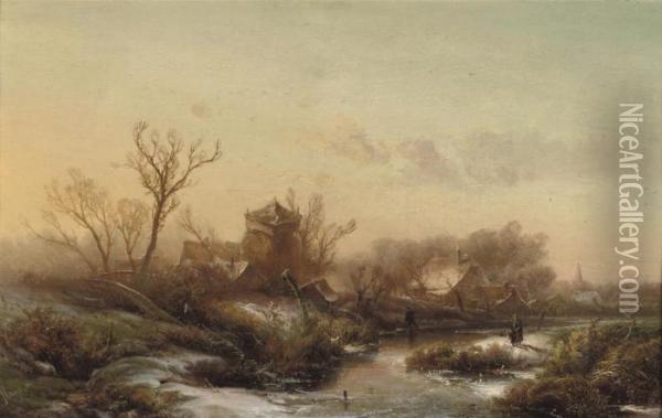 On The Outskirts Of A Village In Winter Oil Painting - Pieter Lodewijk Francisco Kluyver