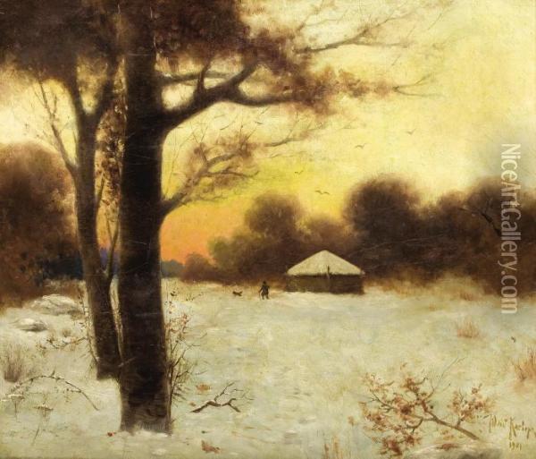 Winter Cottage Oil Painting - Iulii Iul'evich (Julius) Klever