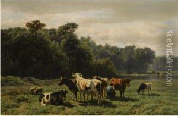 A Peasant With Cattle In A Sunlit Meadow Oil Painting - Hendrik Savrij