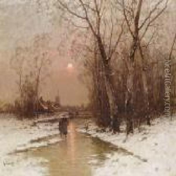 Sunset On A Winter Day Oil Painting - Johann Jungblutt