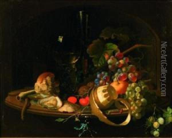 Still Life With Rommer, Fruit And Oysters On A Ledge Oil Painting - Willem Claesz. Heda