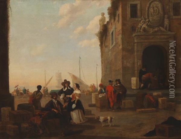 A Scene Set In A Southern Seaport Oil Painting - Abraham Jansz. Begeyn