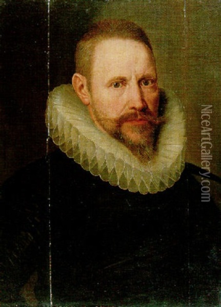Portrait Of A Gentleman Aged 52 In A Black Jerkin With Slashed Sleeves And A Ruff Oil Painting - Hieronymus Van Kessel
