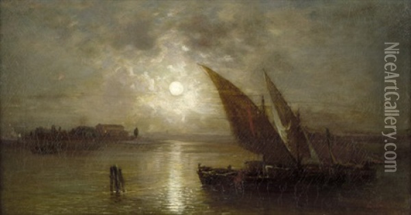 Mondnacht Uber Der Lagune: Segelschiffe Vor Venedig Oil Painting - Ludwig Gebhardt