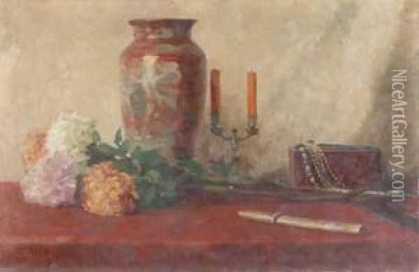 Stilleben Mit Chrysanthemen, Chinavase, Perlketten Und Japanischemkurzschwert Oil Painting - Wilhelm Wunderwald