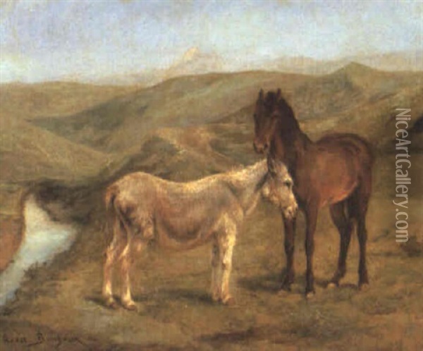 Horse And Donkey In A Hilly Landscape Oil Painting - Rosa Bonheur