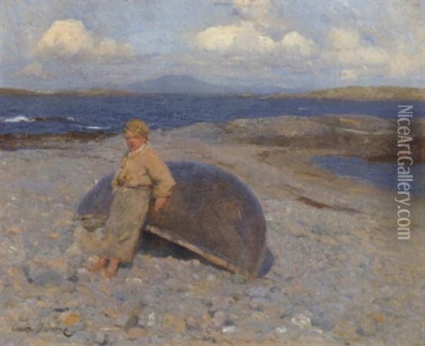 Boy Leaning Against A Curragh Oil Painting - Walter Frederick Osborne