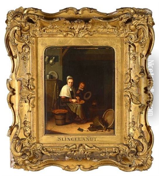 Jeune Femme A La Cuisine Avec Son Enfant Oil Painting - Pieter Cornelisz van Slingeland