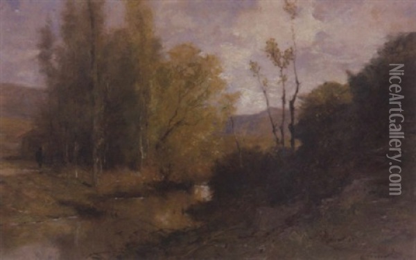 Flussuferpartie Mit Bauer Vor Seiner Hutte Oil Painting - Gustave Eugene Castan
