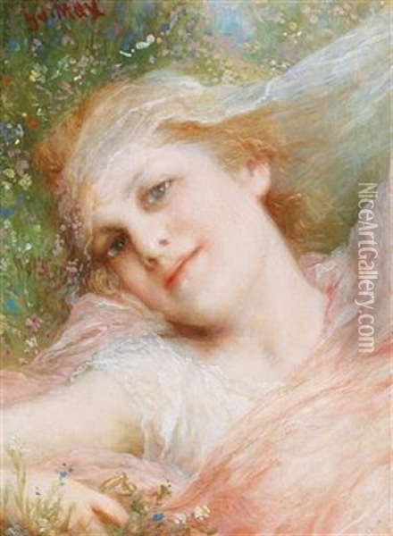 A Girl In The Meadow Oil Painting - Gabriel von Max