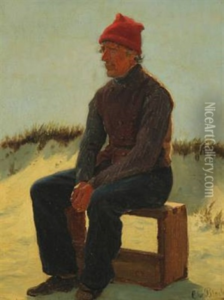 A Seated Man On A Box In The Dunes Oil Painting - Christian Blache