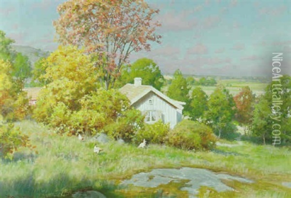 Landskapsvy Med Trad Och Vit Stugasensommar Oil Painting - Johan Fredrik Krouthen