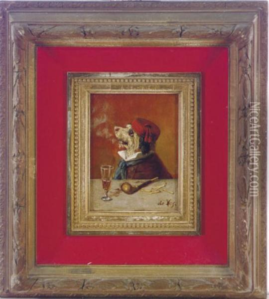 A Terrier Smoking A Pipe; And Four Companion Paintings Oil Painting - Vincent de Vos